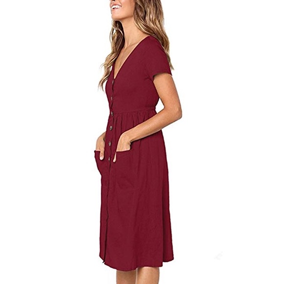 Soho Red High Waisted Midi Dress With Pockets - Picture 2 of 6